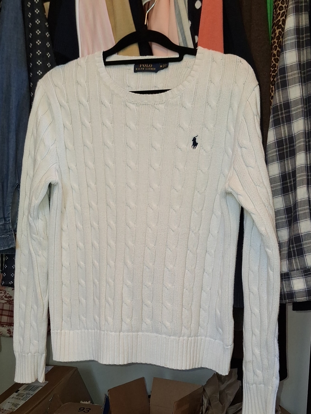 Vtg. Ralph Lauren 🌟BRIGHT WHITE Cable Knit Crewneck Sweater Navy Pony M